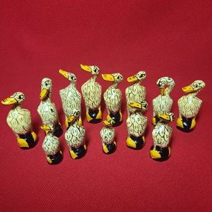 Vintage Wooden Miniature Yellow Geese Duck Figures 13 Pieces